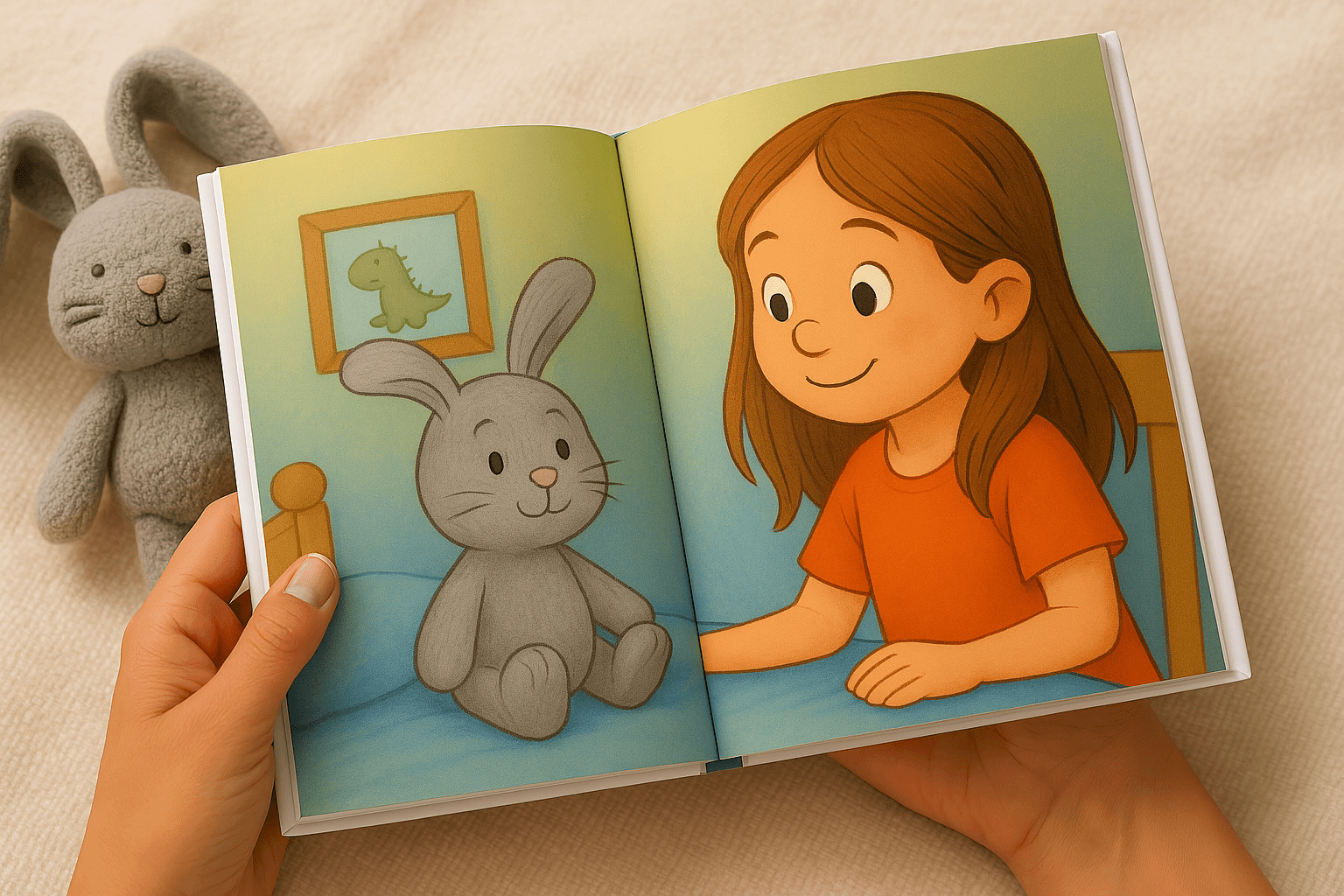 Børnebog med kanin bamse, som også ses i baggrunden Børnebog med kanin bamse, som også ses i baggrunden